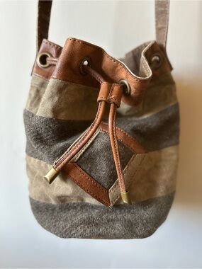 Mona B Striped Canvas Bucket Messenger Bag in Brown and Tan